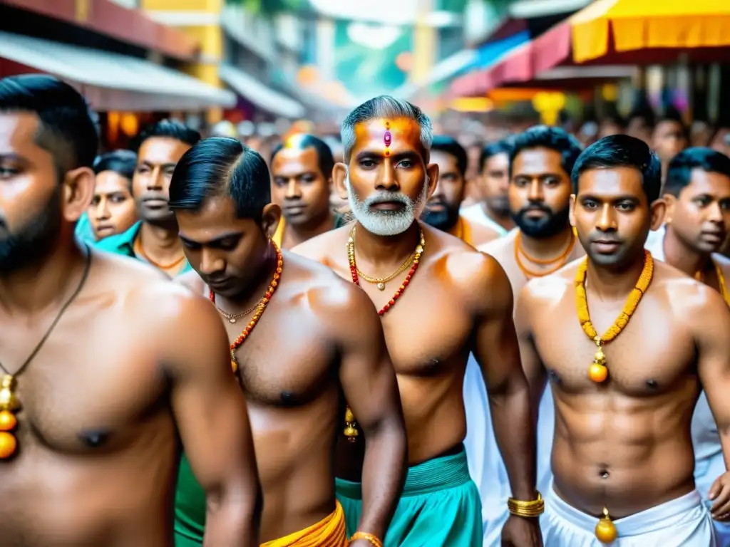 Devotos en el vibrante Festival Thaipusam en Singapur, llevando kavadis y recipientes de leche, con la ciudad de fondo