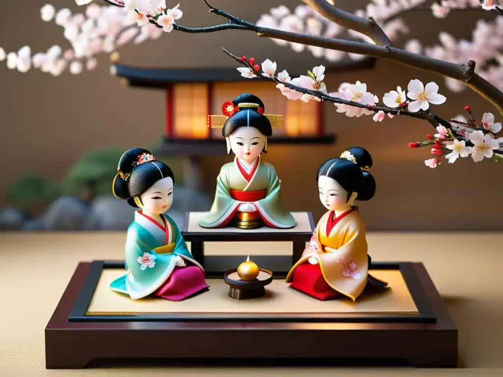 Día de las Niñas Hina Matsuri: exhibición tradicional japonesa de muñecas Hina en plataforma escalonada, con detalles intrincados y colores vibrantes