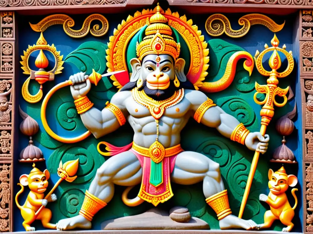 Hanuman, el Dios mono, muestra fuerza y devoción en un relieve de piedra colorido en medio de una exuberante selva