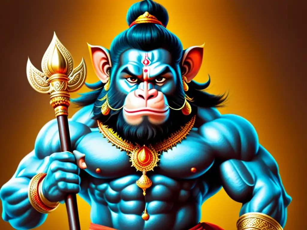 Hanuman, el Dios mono, exhibe fuerza, valor y devoción en una imagen detallada con un aura mítica y poderosa