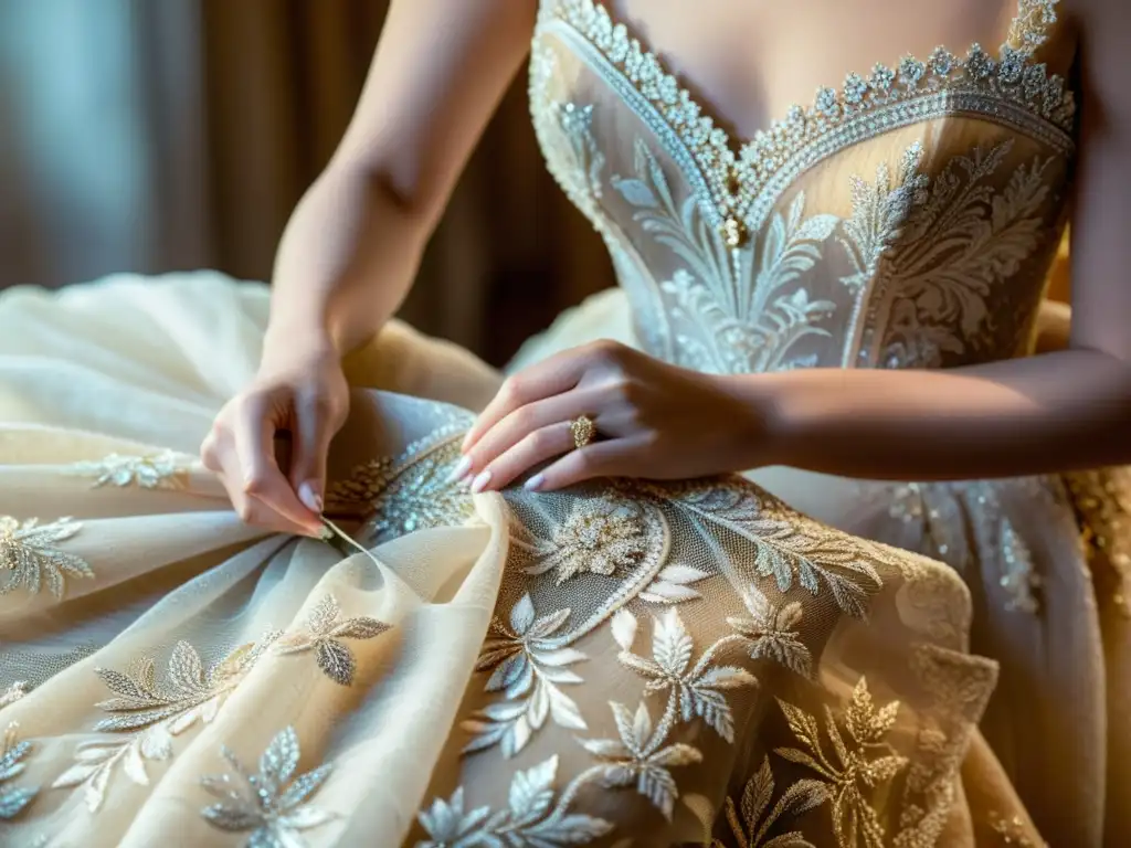 Artesana cosiendo encaje a mano para un vestido de alta costura Un diseñador de alta costura borda delicado encaje a mano, mostrando técnicas ancestrales de alta costura con dedicación y arte