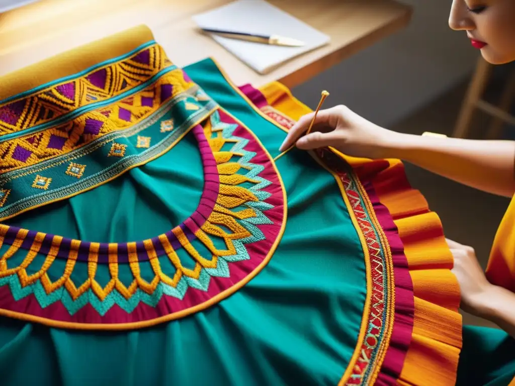 Un diseñador meticuloso revive culturas antiguas al coser patrones tradicionales en una prenda vibrante y colorida