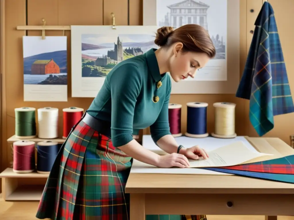 Modista escocés cosiendo un kilt tradicional con detalle Diseñador de moda escocés cosiendo a mano un kilt de tartán, rodeado de hilos de colores y bocetos de paisajes escoceses