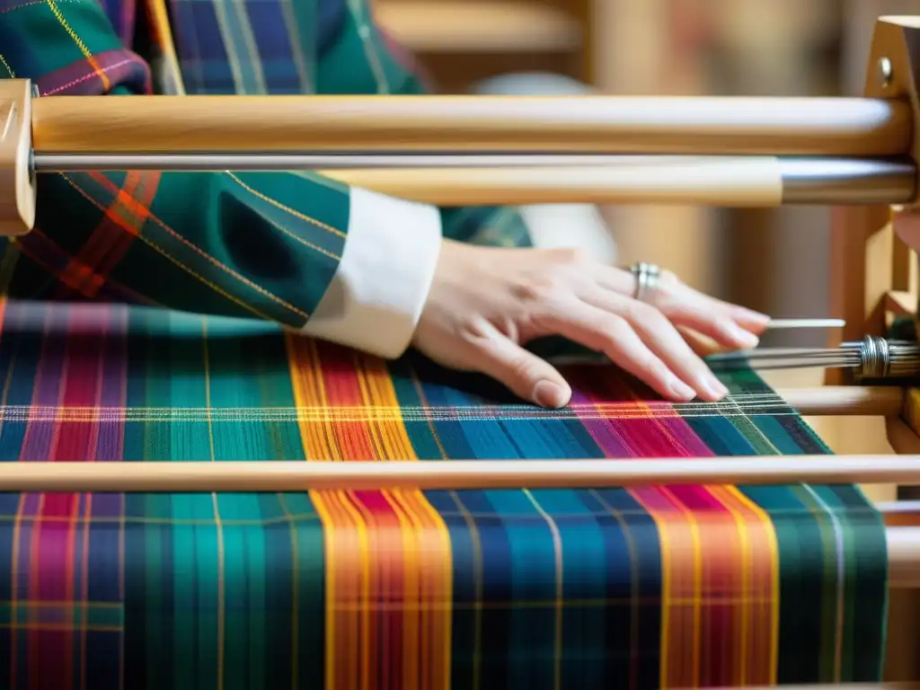 Diseñador de moda tejiendo a mano tela escocesa contemporánea Un diseñador de moda inspirado en Escocia teje meticulosamente tela de tartán en un telar de madera, fusionando tradición y modernidad