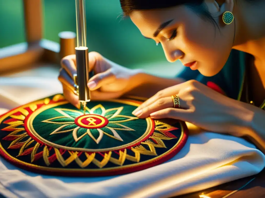 Un diseñador de moda moderno borda con cuidado un símbolo ancestral en un tejido rico, iluminado por la cálida luz de un taller