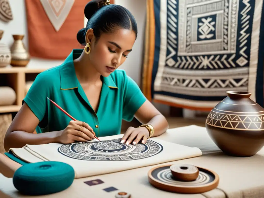 Un diseñador de moda moderno encuentra inspiración en culturas antiguas mientras estudia textiles mayas en un entorno museístico iluminado