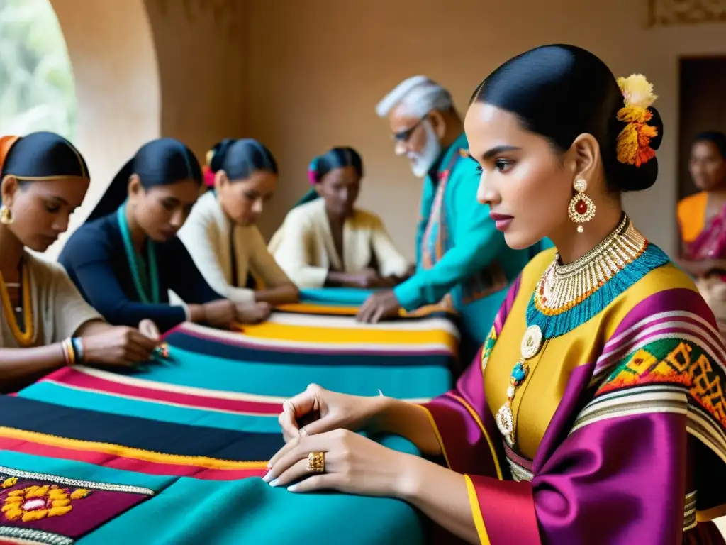 Un diseñador de moda de renombre examina textiles y bordados mientras artesanos indígenas muestran su artesanía