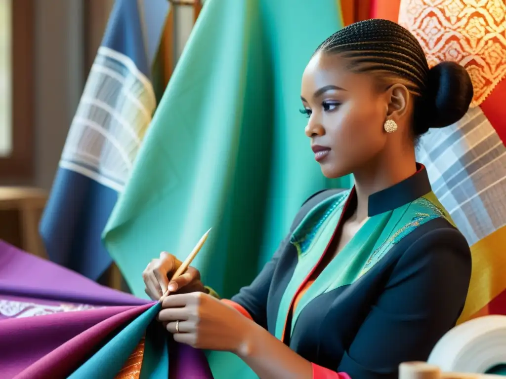 Un diseñador de moda examina detenidamente un traje tradicional colorido mientras está rodeado de bocetos y herramientas de diseño