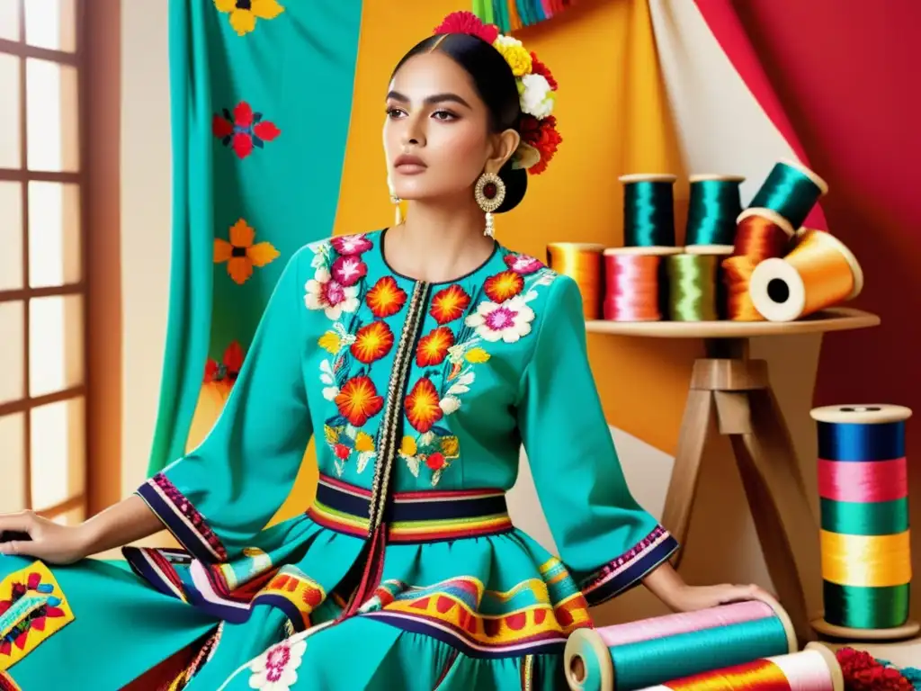 Diseñador fusionando técnicas de bordado mexicano en moda de alta costura, rodeado de hilos y textiles coloridos en un estudio soleado