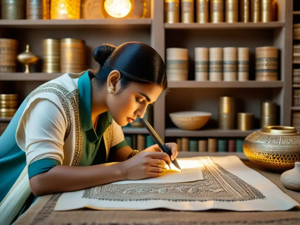 Diseñador estudia textiles mesopotámicos bajo lupa, revelando patrones y colores antiguos