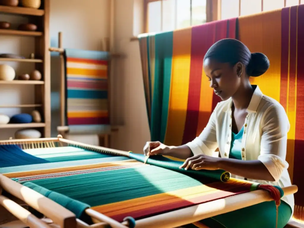 Una diseñadora de moda y una artesana colaboran en un estudio vibrante, tejidos coloridos y patrones tradicionales se entrelazan