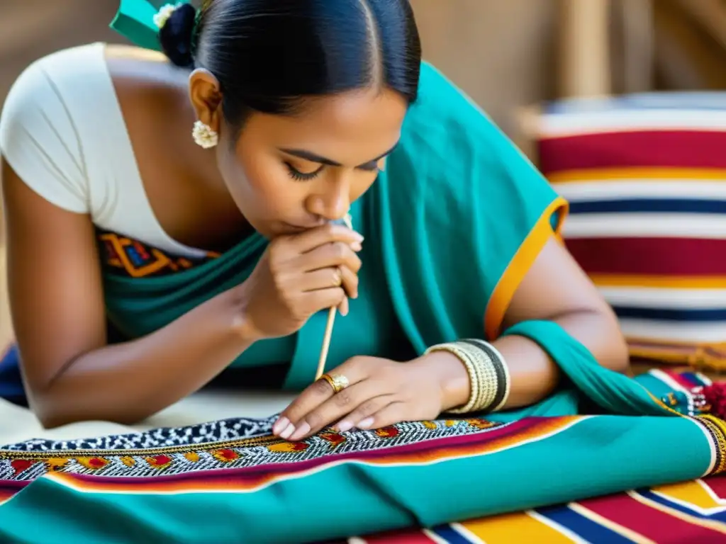 Una diseñadora de moda étnica colaborando con marcas, elaborando un diseño textil tradicional con hilos vibrantes y patrones intrincados