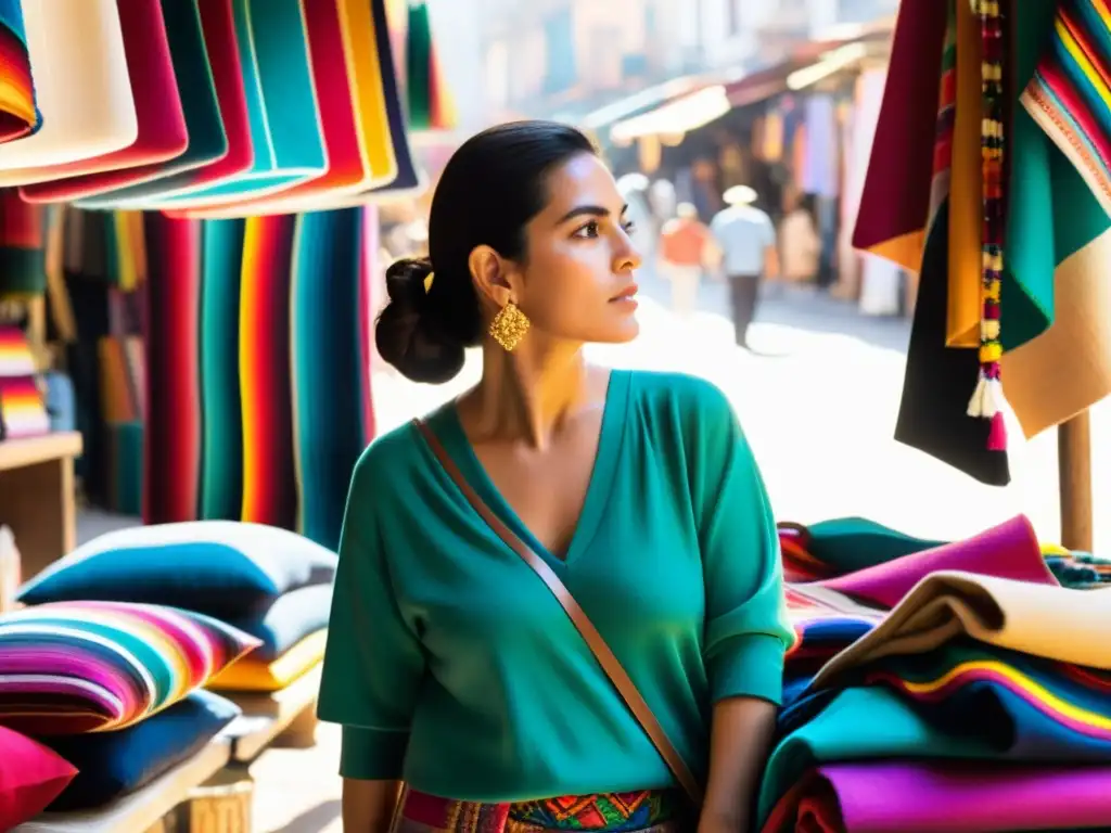 La diseñadora de moda mexicana, Carla Fernández, explora culturas subestimadas en moda mientras conversa con artesanos locales en un bullicioso mercado de la Ciudad de México, rodeada de textiles vibrantes y artesanías tradicionales