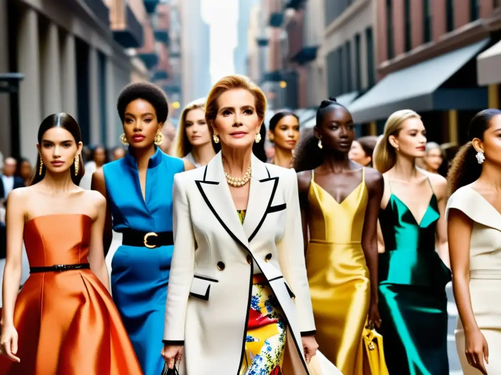 Carolina Herrera, diseñadora que teje puentes culturales, supervisa su desfile en la bulliciosa ciudad, irradiando elegancia y confianza