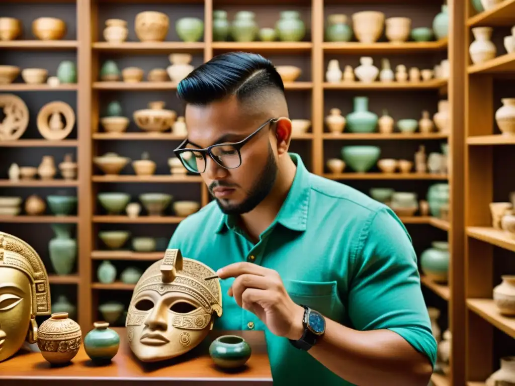 Diseñadores contemporáneos exploran artefactos mayas con lupa, rodeados de antigüedades