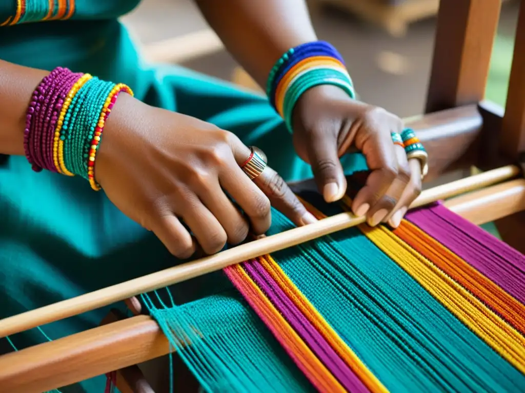 Diseñadores que celebran culturas textiles: Hábil artesano teje hilos coloridos en telar de madera, reflejando su herencia cultural