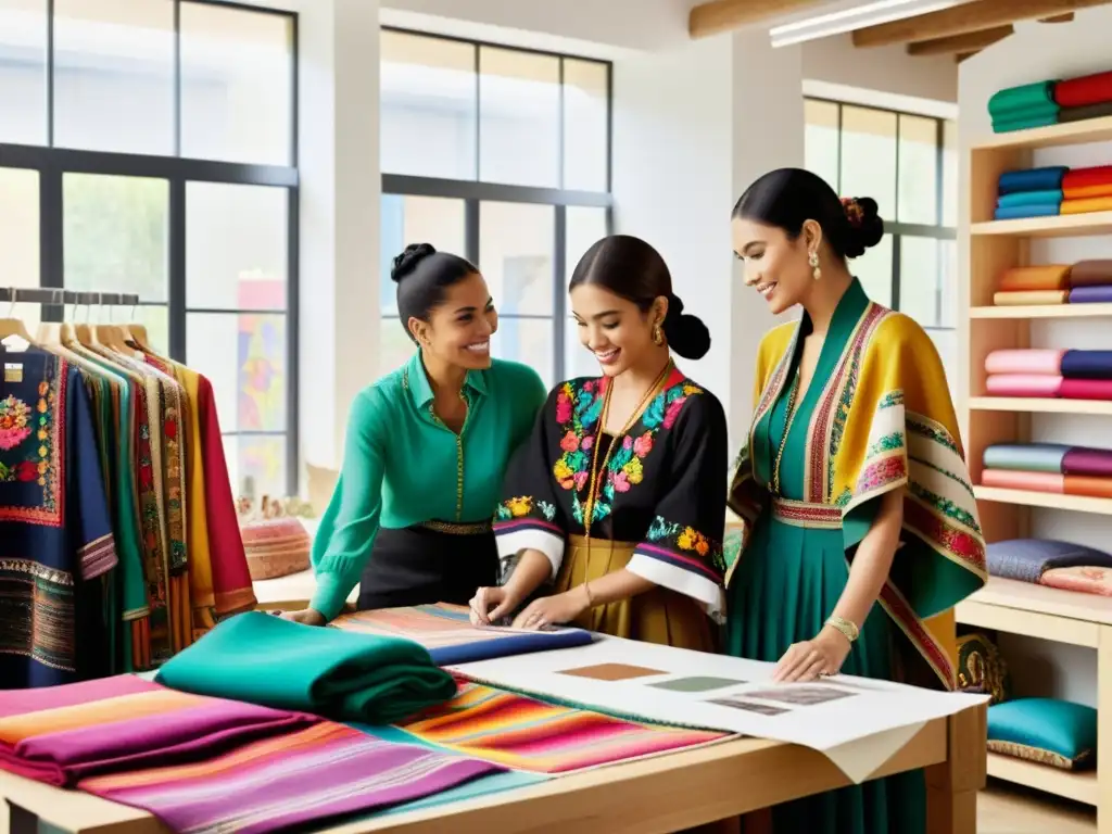 Diseñadores de moda contemporánea rodeados de textiles vibrantes y ropa tradicional mexicana, discutiendo en un taller iluminado por luz natural