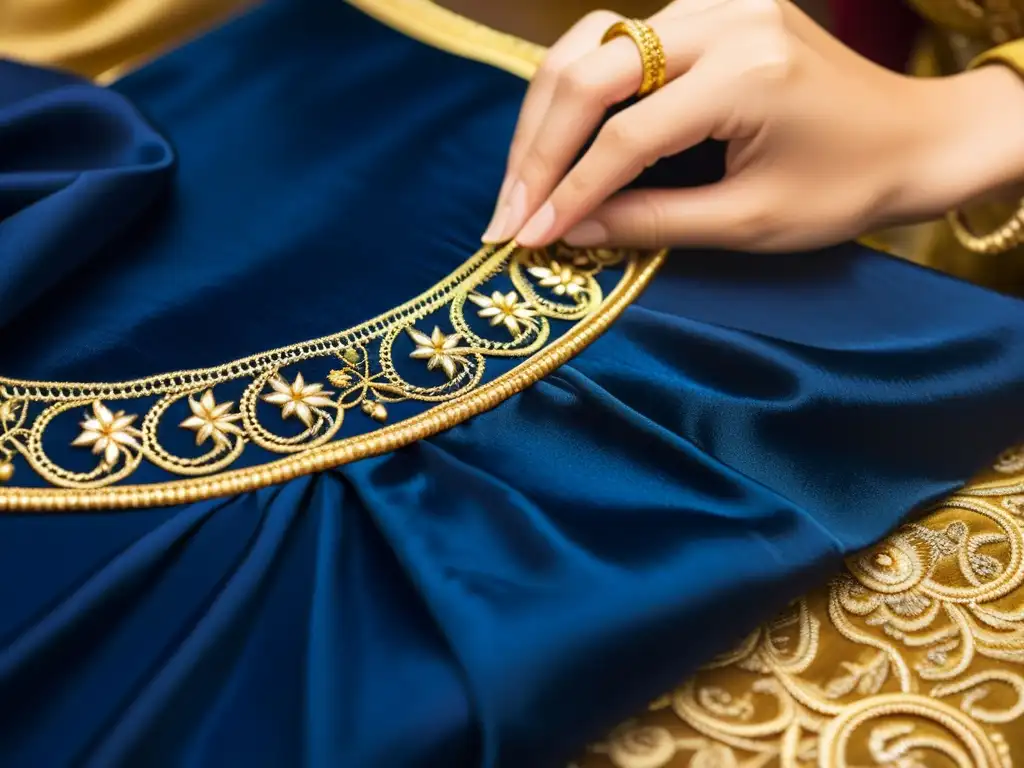 Diseñadores de moda de lujo: Hábiles manos de un artesano bordando con hilo de oro sobre seda azul, exudando elegancia y artesanía atemporal