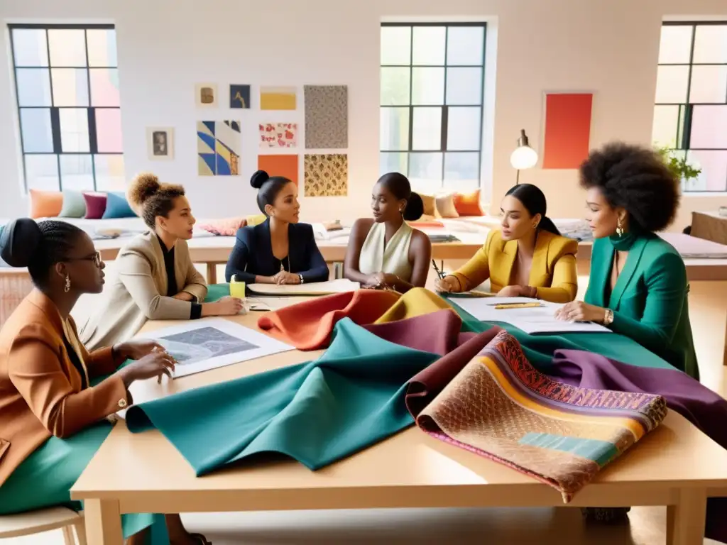 Diseñadores que conectan Oriente con Occidente: Encuentro creativo en un estudio de moda, lleno de luz natural y vibrantes telas