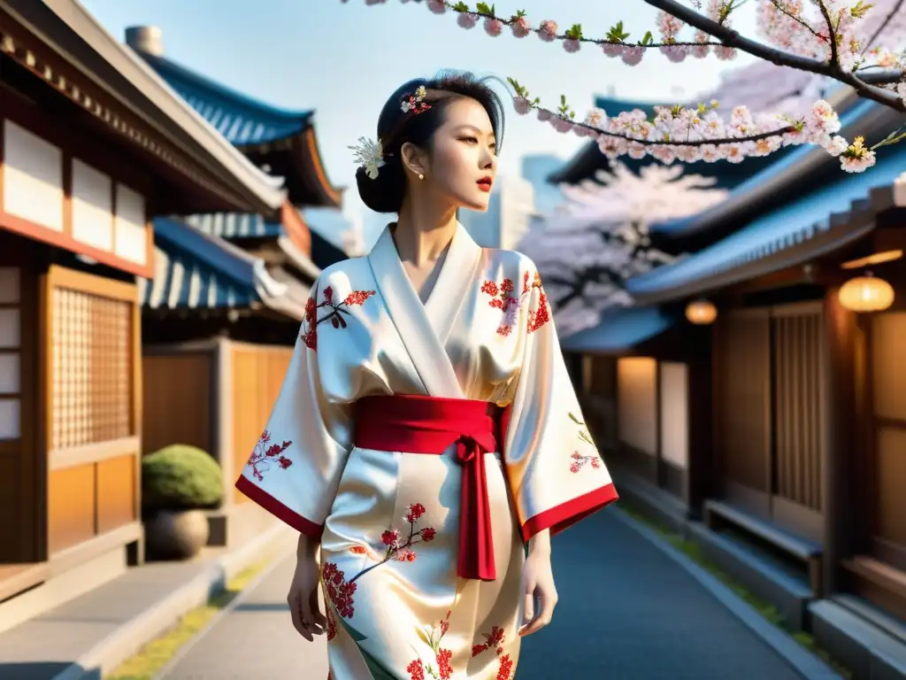 Diseñadores que unen Oriente y Occidente: Kimono de seda bordado con motivos de cerezo, contrastando con la moderna ciudad de Tokio