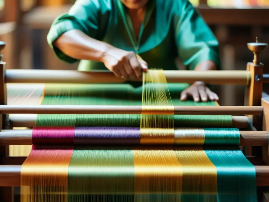 Diseñadores que conectan Oriente con Occidente: Maestro tejedor trabajando en un telar de seda, creando una tela vibrante y detallada