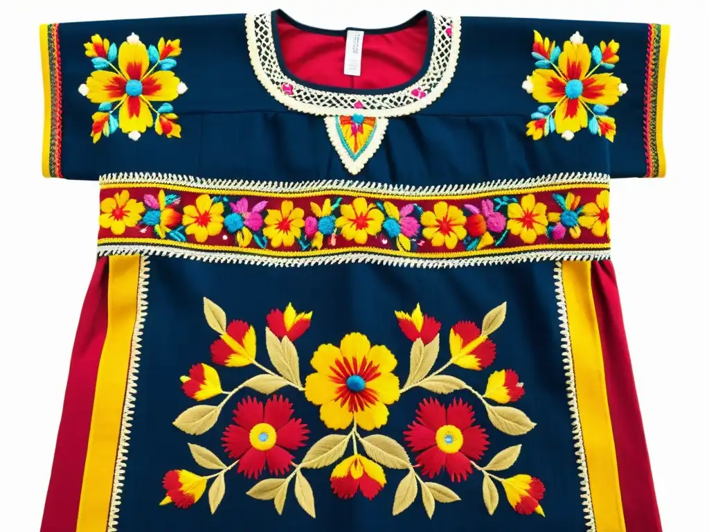 Diseñadores que Tejen Puentes Culturales: Huipil mexicano bordado con colores vibrantes y patrones florales y geométricos, reflejando la rica herencia textil de México