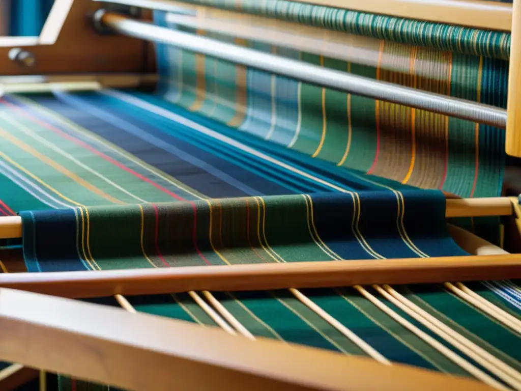 Tela de tartán escocés tejida con maestría en telar de madera Diseño de moda inspirado Escocia: Detalle de tejido de tartán escocés en telar de madera, mostrando tradición y artesanía en tonos cálidos