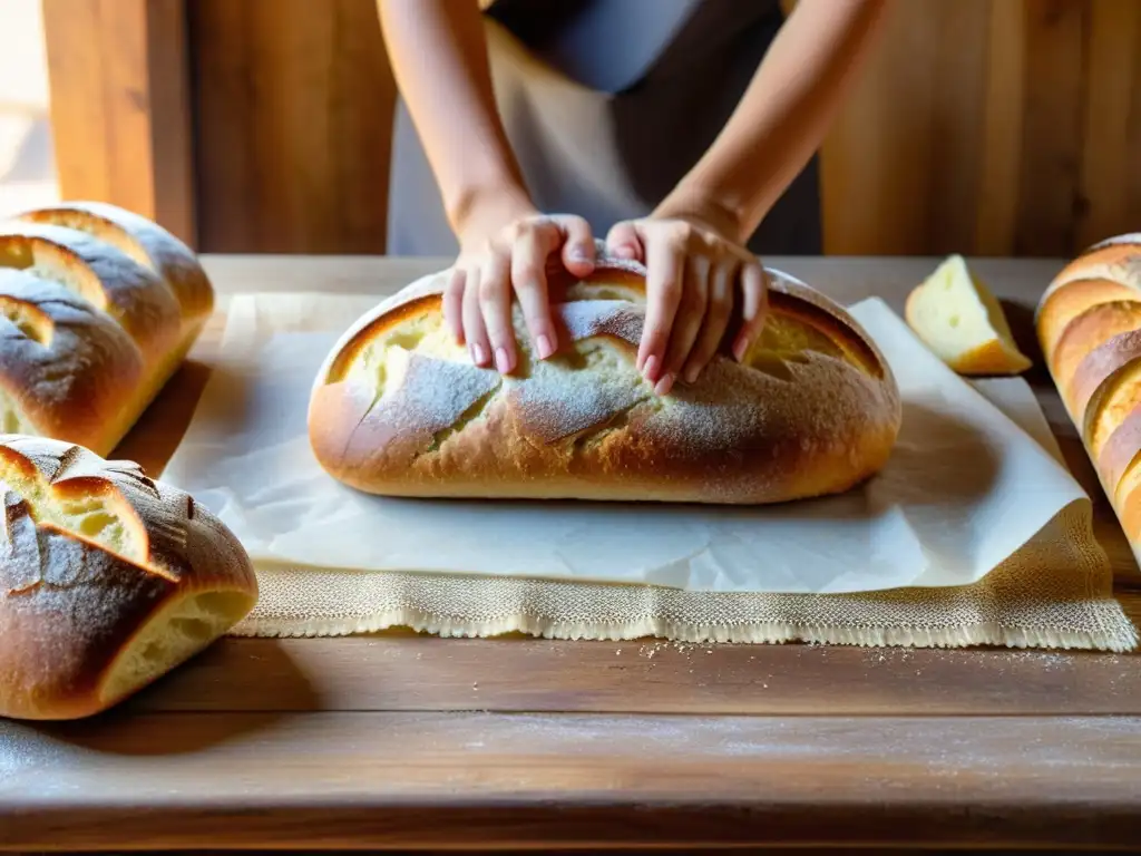 Diversidad cultural en la elaboración del pan: Una mesa rústica llena de pan recién horneado, con formas, texturas y patrones únicos