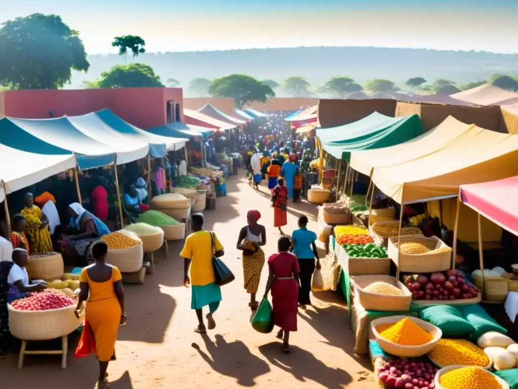 Diversidad lingüística en África Francófona: Un bullicioso mercado africano con gente de diversas culturas, colores vibrantes y animada actividad