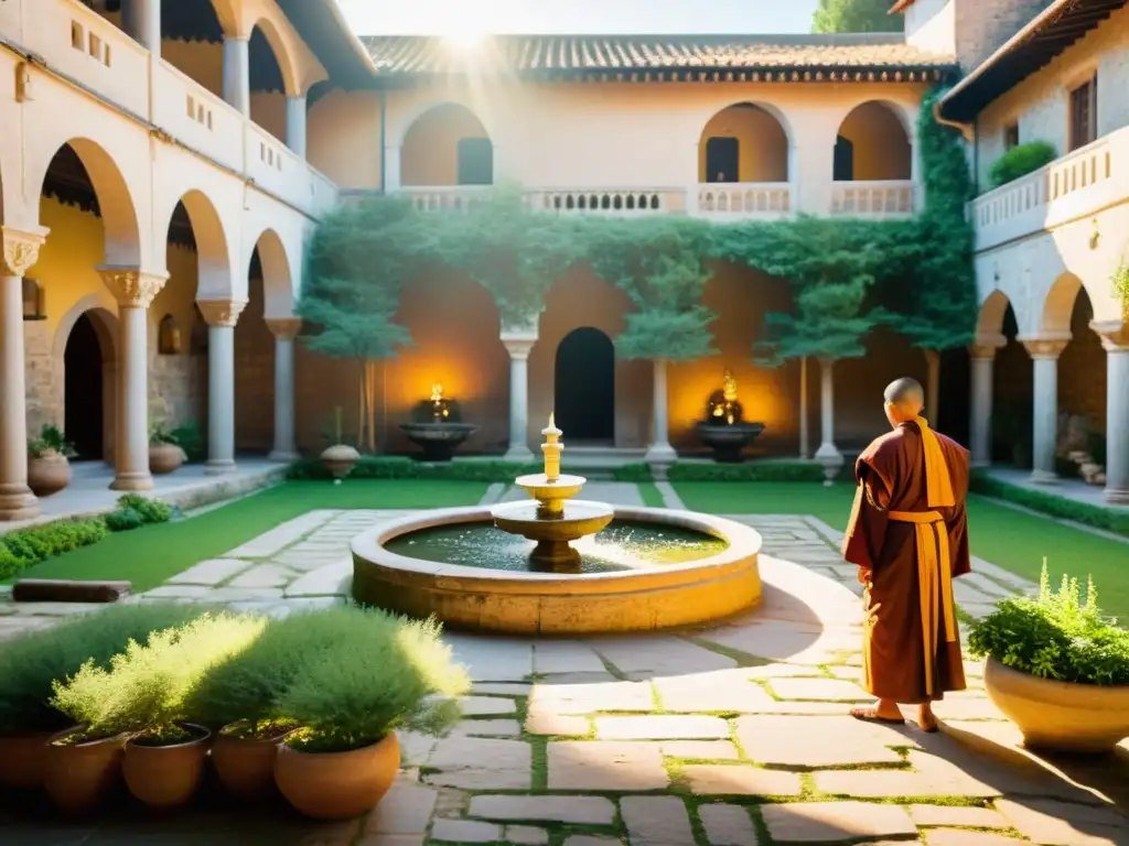 Una fotografía documental de alta resolución muestra un tranquilo y soleado patio interior de un monasterio tradicional