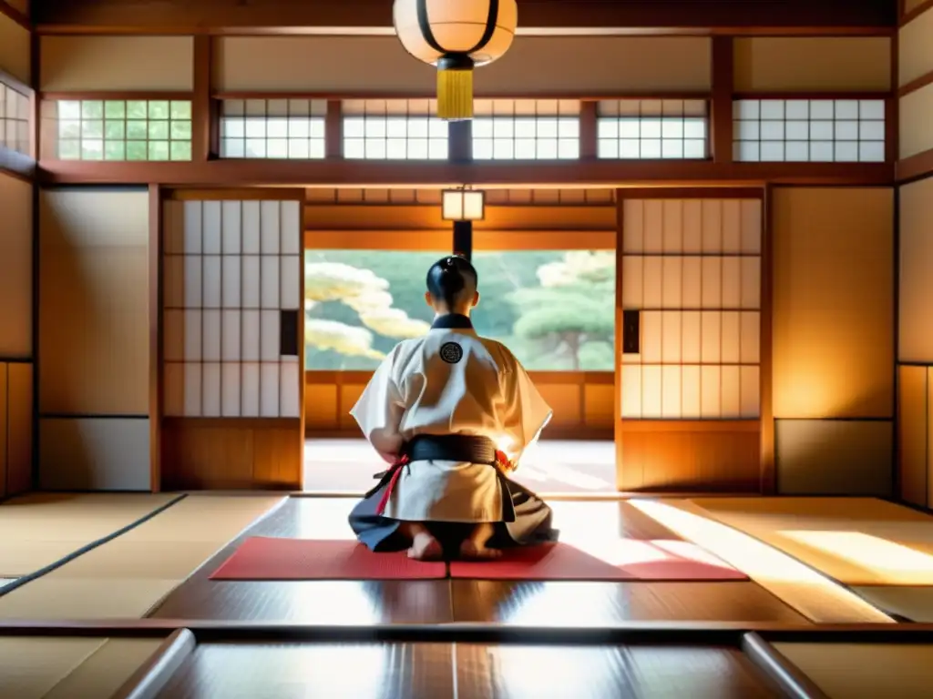 Un dojo japonés tradicional con influencia del Shinto en artes marciales, con un sensei y estudiantes practicando técnicas