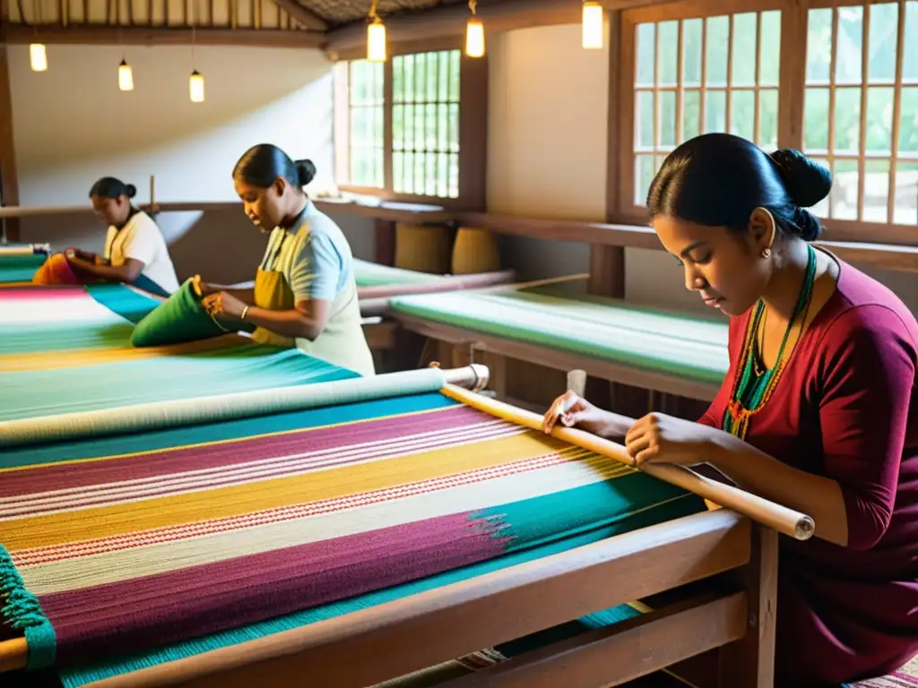 Elaboración de tapices étnicos artesanales en taller tradicional, con artesanos tejiendo con precisión y destreza, en un ambiente cálido y luminoso