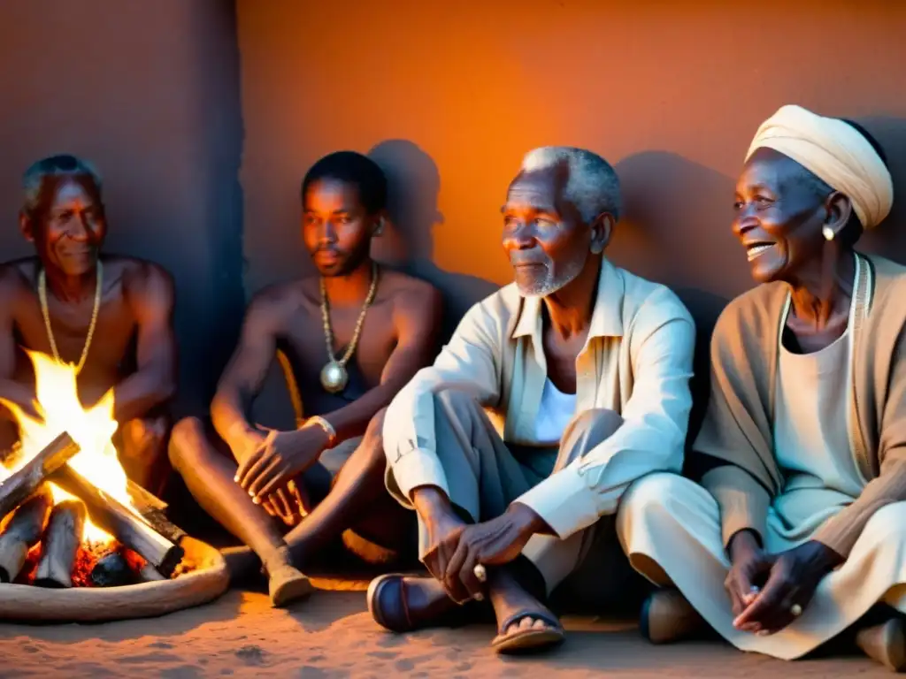 Elders africanos comparten tradiciones orales alrededor del fuego en escena auténtica de sociedad africana francófona