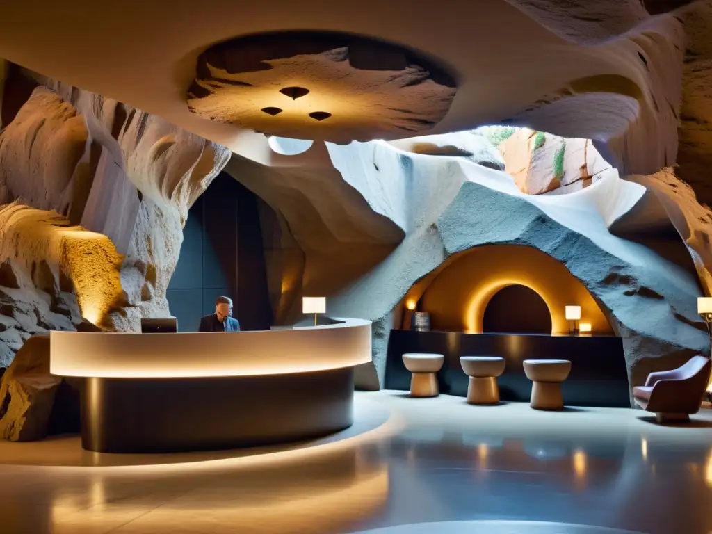 Un elegante lobby de hotel subterráneo con formaciones naturales de cuevas y toques modernos