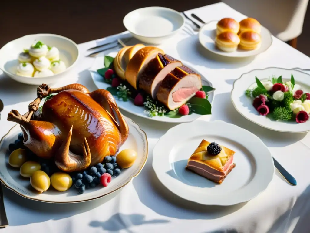 Una elegante mesa de banquete nupcial europeo, con exquisitos platos y arreglos florales, iluminada por luz cálida