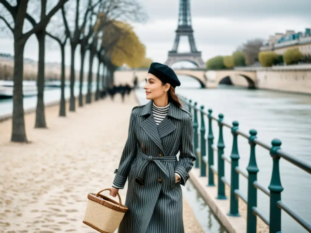 Una elegante parisina pasea por el río Sena con un estilo atemporal, llevando un suéter a rayas bretonas y un elegante abrigo