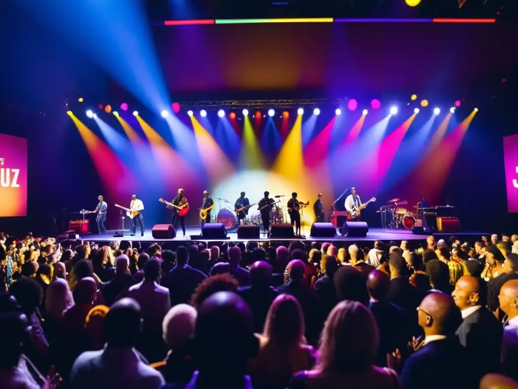 Emocionante actuación multicultural en el Festival de Jazz Montreux, con músicos de distintas culturas y el público disfrutando de la música