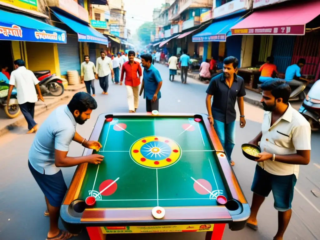 Un emocionante juego de carrom en India, con jugadores concentrados y un ambiente vibrante y dinámico en la calle