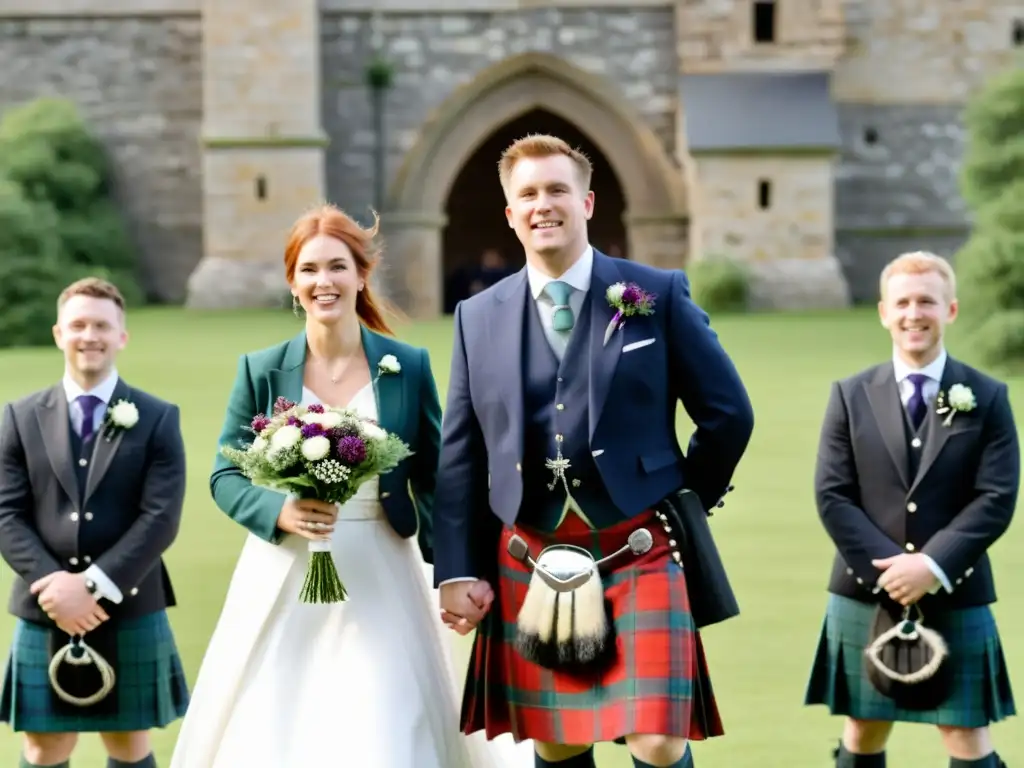 Emotiva boda escocesa frente a un antiguo castillo de piedra, simbolismo del kilt en Escocia