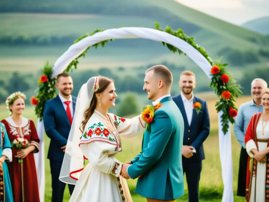 Una emotiva boda tradicional eslava con pañuelo, novios vestidos de folclor rodeados de familia y amigos, bajo un hermoso arco