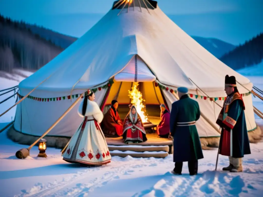 Emotiva ceremonia de boda tradicional siberiana en paisaje nevado