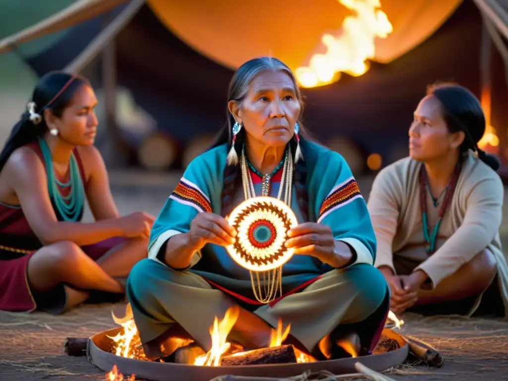 Una emotiva escena de narrativa visual del arte nativo americano, con un narrador tradicional cautivando a su audiencia alrededor de una fogata