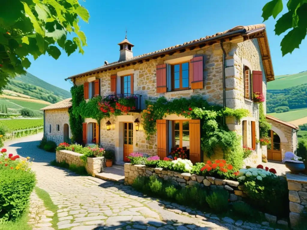 Encantadora casa de huéspedes en el campo europeo, con fachada rústica y flores coloridas, rodeada de belleza atemporal