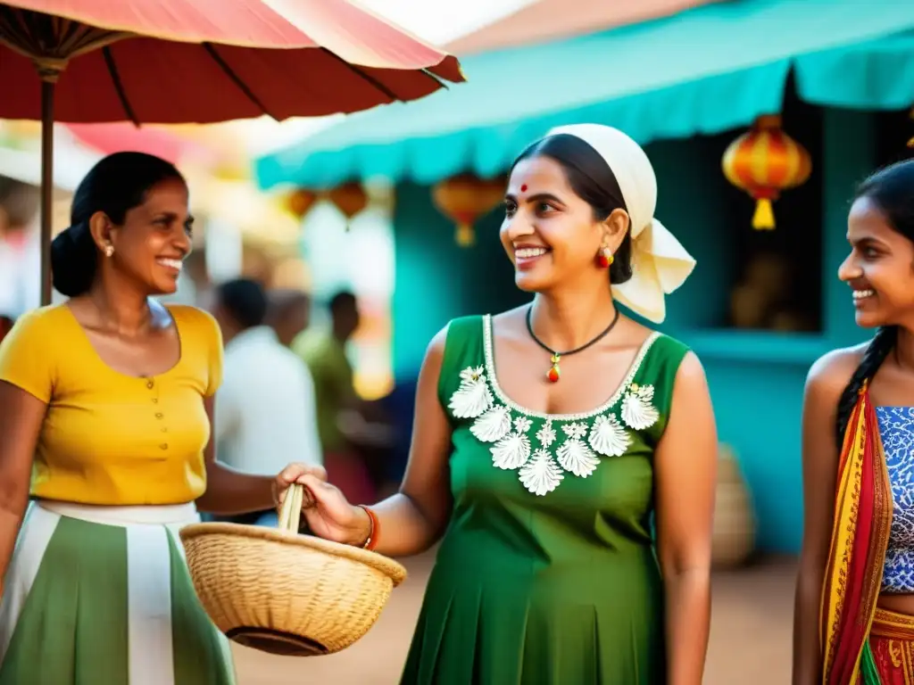 Encuentro cultural entre portugueses y goenses en un vibrante mercado de Goa, con intercambio de comida y artesanías