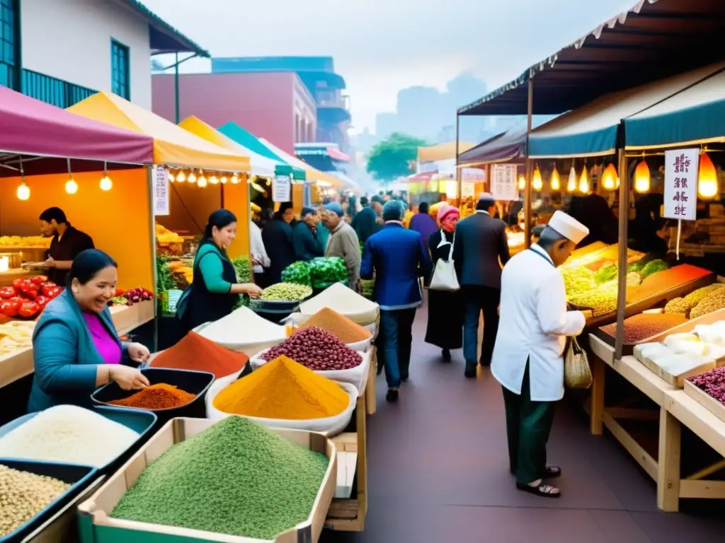 Encuentros culinarios en mercado multicultural con diversidad de sabores y personas compartiendo experiencias