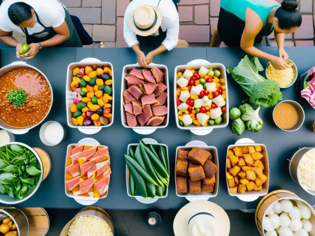 Encuentros culturales redefinen cocina global en bullicioso mercado de comida con vibrantes colores, aromas y diversidad étnica