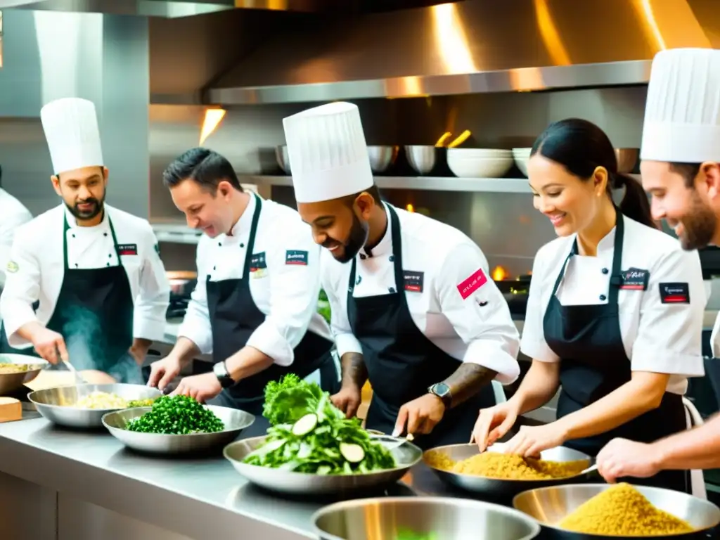 Encuentros culturales redefinen cocina global: Chefs de todo el mundo colaboran en una cocina bulliciosa, compartiendo técnicas y sabores