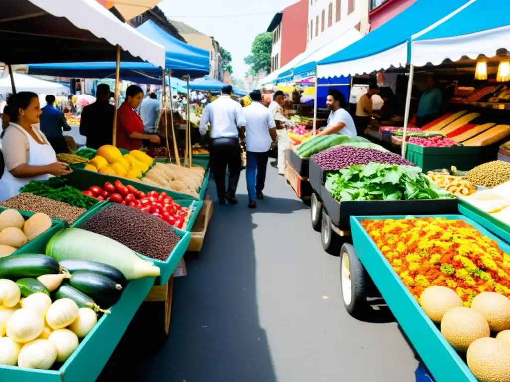 Encuentros culturales redefinen cocina global en bullicioso mercado al aire libre con productos frescos, especias y comida callejera variada