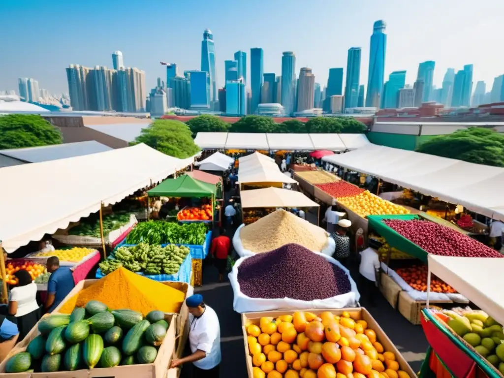 Encuentros culturales redefinen cocina global en bullicioso mercado al aire libre, con vibrantes colores y variedad de productos exóticos