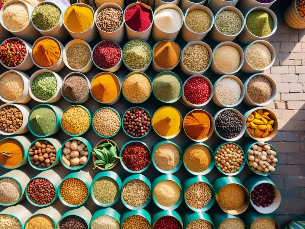 Mercado de especias vibrante en la Ruta de la Seda Encuentros gastronómicos ruta seda oriente: Colorido mercado de especias en la Ruta de la Seda, con vendedores y productos exóticos